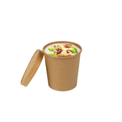 Cuencos de sopa caliente desechables impresos personalizados para llevar, taza de sopa de papel Kraft con tapa de papel