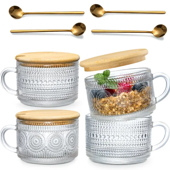 Tazas de café vintage, tazas de vidrio con tapas de bambú y cucharas - vasos transparentes en relieve de 14 oz, lindos accesorios de barra de café, vasos de café helado